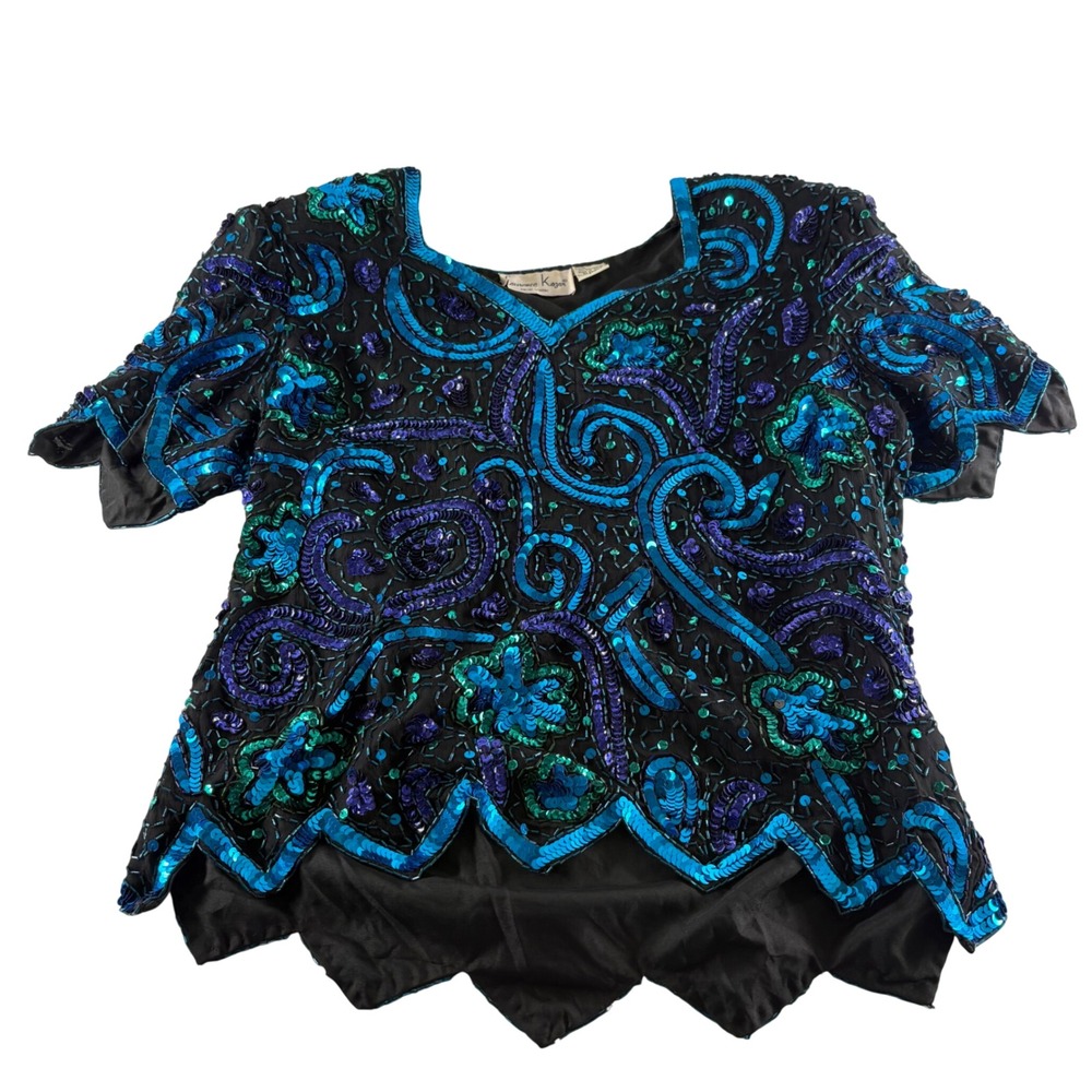 Laurence Kazar Vintage Beaded Silk Top Blue Green Sequin Scalloped PM 3811
